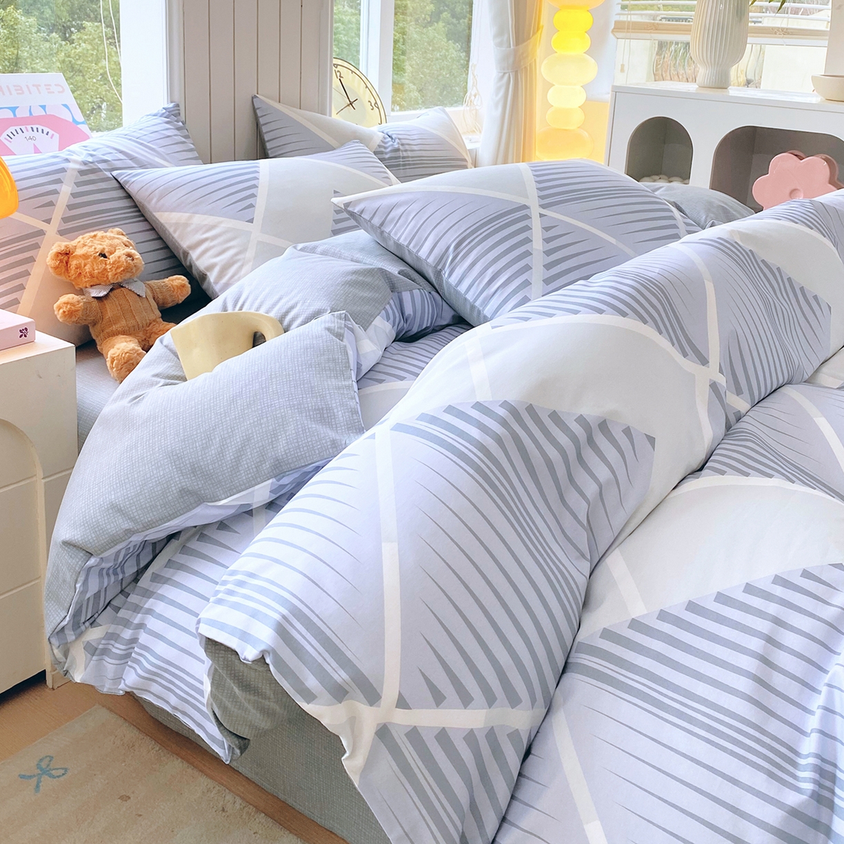 91家纺网 家纺一手货源 找家纺 小懒猪 2026新款全棉印花北欧风系列四件套 蓝灰格序