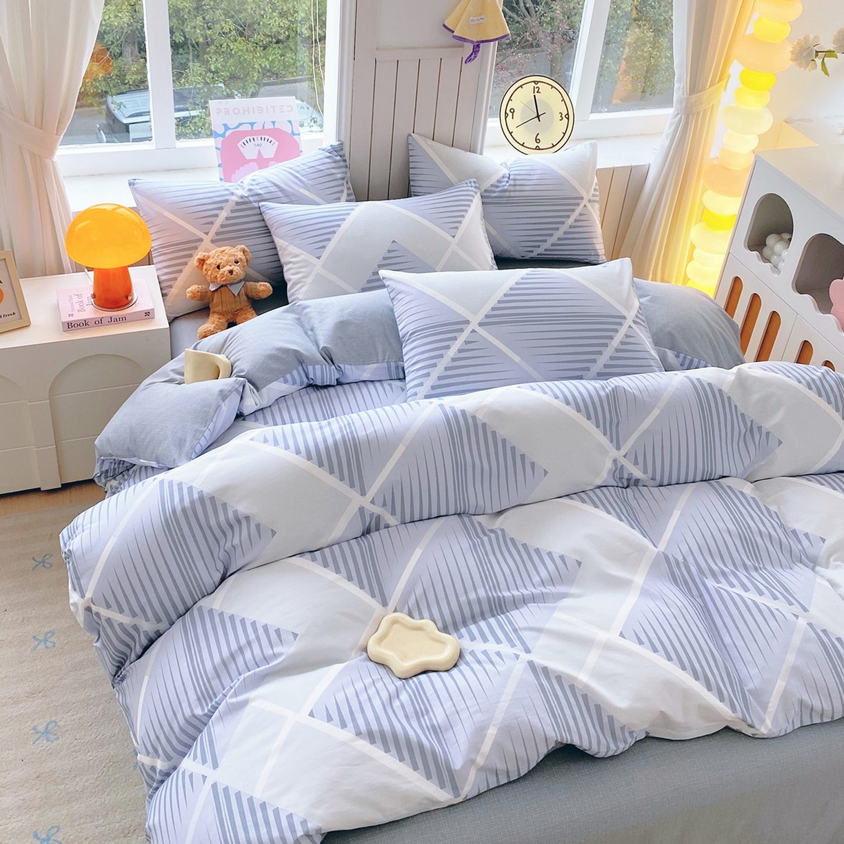 91家纺网 家纺一手货源 找家纺 小懒猪 2026新款全棉印花北欧风系列四件套 蓝灰格序