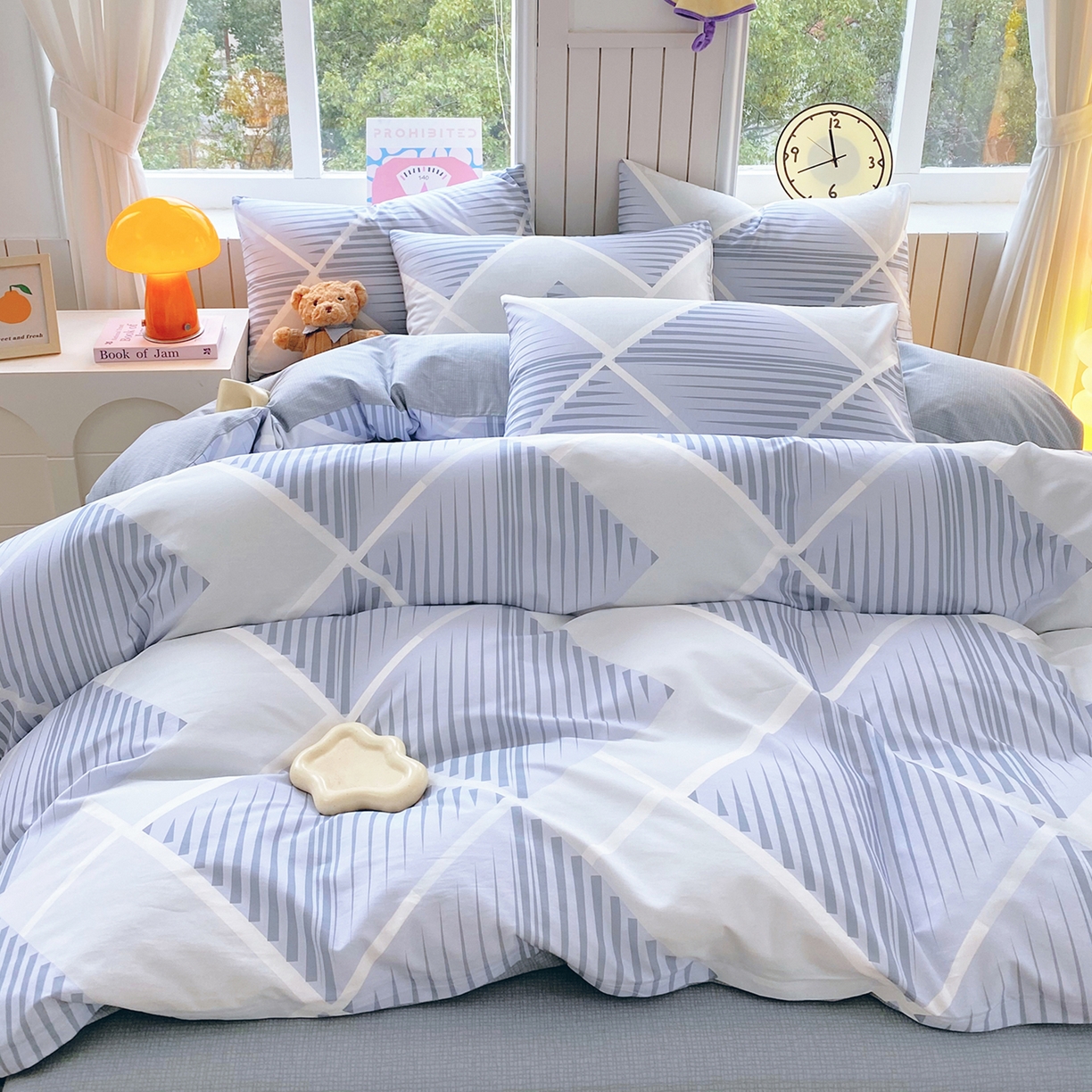 91家纺网 家纺一手货源 找家纺 小懒猪 2026新款全棉印花北欧风系列四件套 蓝灰格序