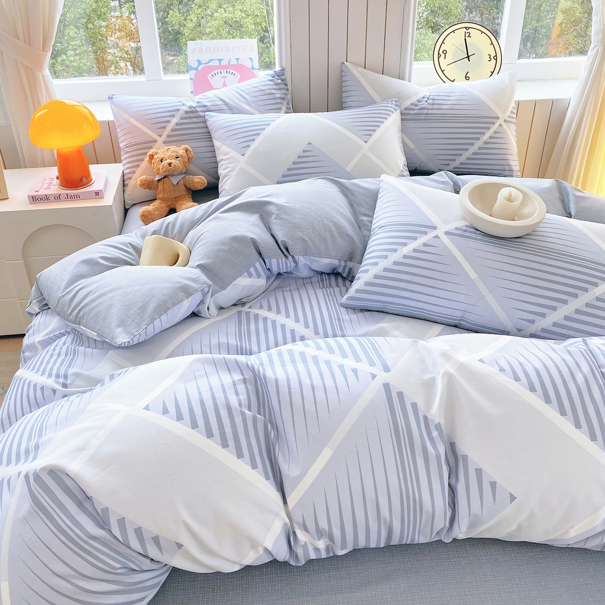 91家纺网 家纺一手货源 找家纺 小懒猪 2026新款全棉印花北欧风系列四件套 蓝灰格序