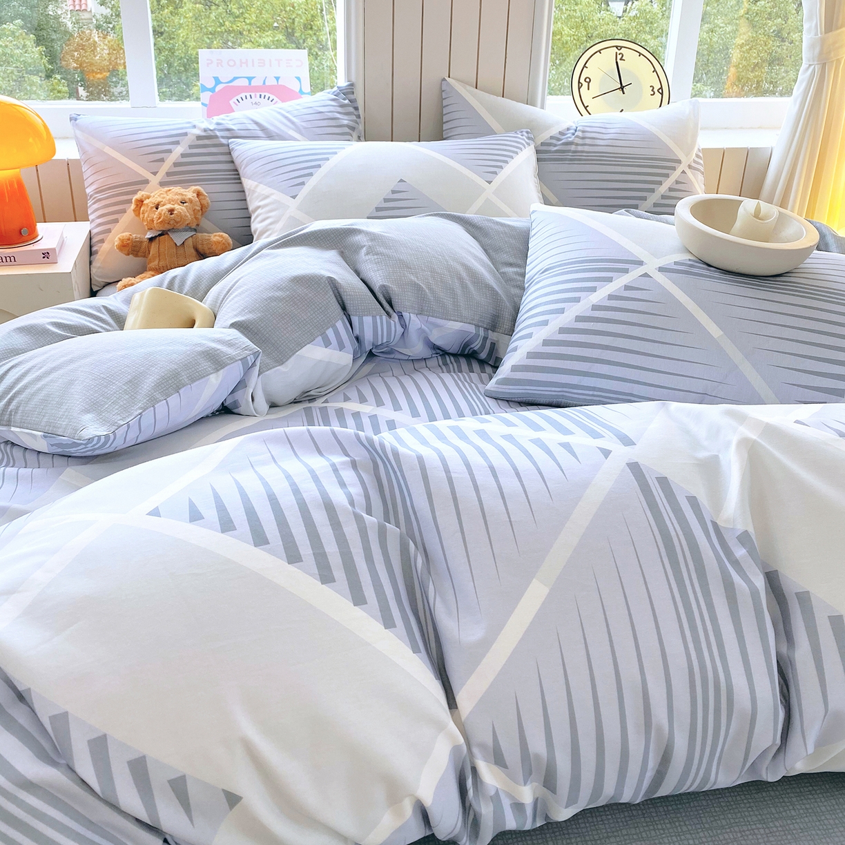 91家纺网 家纺一手货源 找家纺 小懒猪 2026新款全棉印花北欧风系列四件套 蓝灰格序