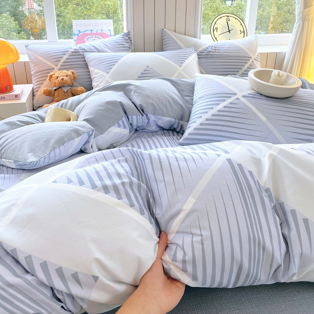 91家纺网 家纺一手货源 找家纺 小懒猪 2026新款全棉印花北欧风系列四件套 蓝灰格序