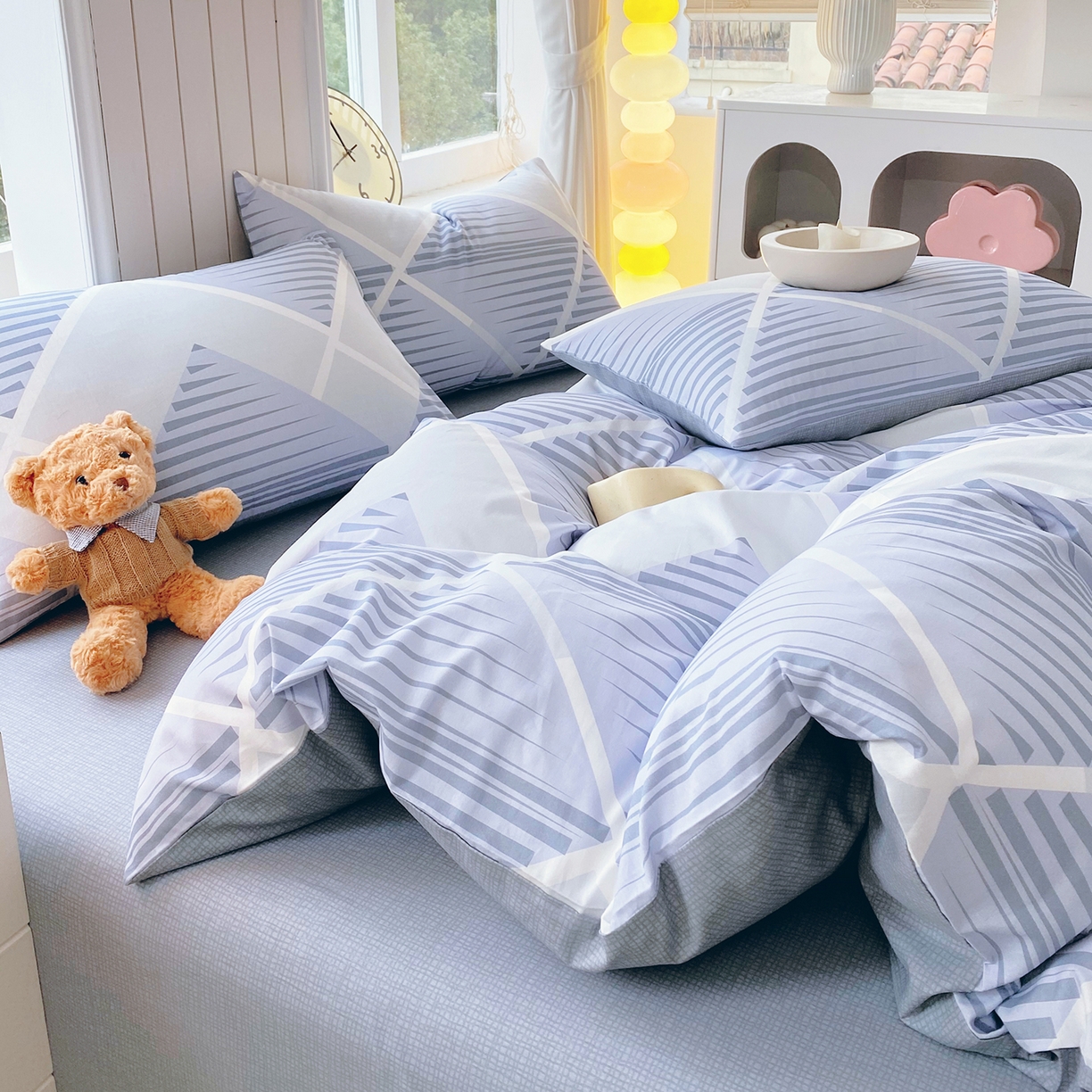 91家纺网 家纺一手货源 找家纺 小懒猪 2026新款全棉印花北欧风系列四件套 蓝灰格序