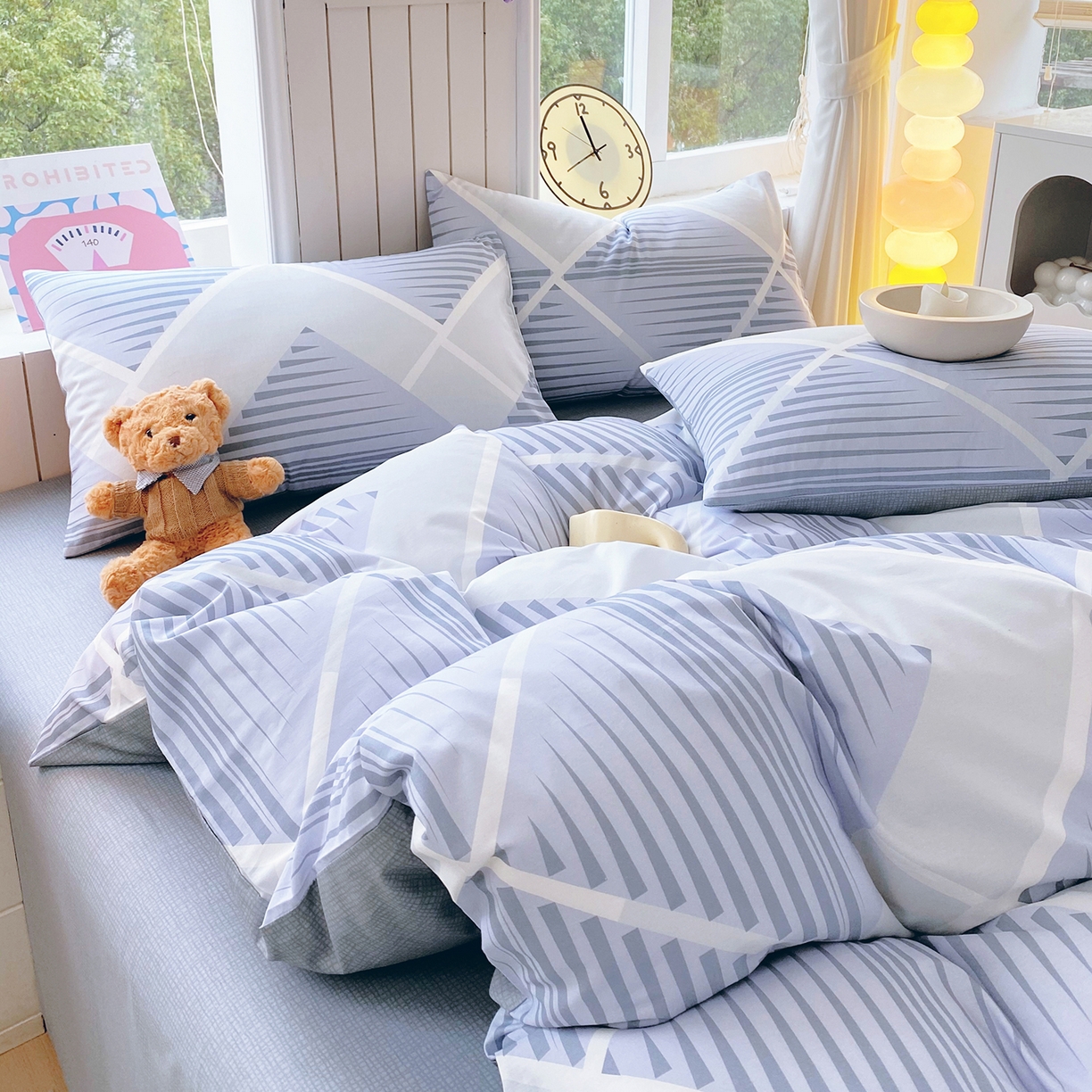 91家纺网 家纺一手货源 找家纺 小懒猪 2026新款全棉印花北欧风系列四件套 蓝灰格序