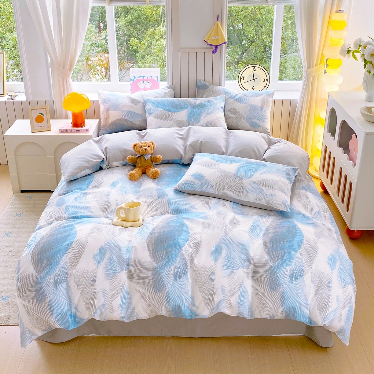 91家纺网 家纺一手货源 找家纺 小懒猪 2026新款全棉印花北欧风系列四件套 蓝絮银织