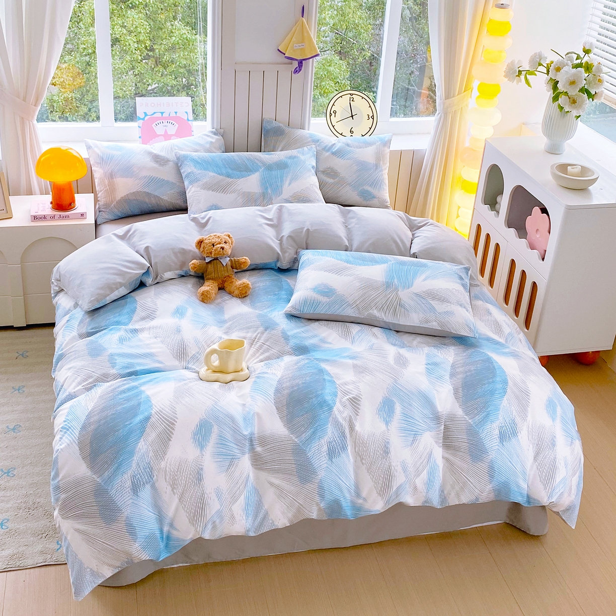 91家纺网 家纺一手货源 找家纺 小懒猪 2026新款全棉印花北欧风系列四件套 蓝絮银织