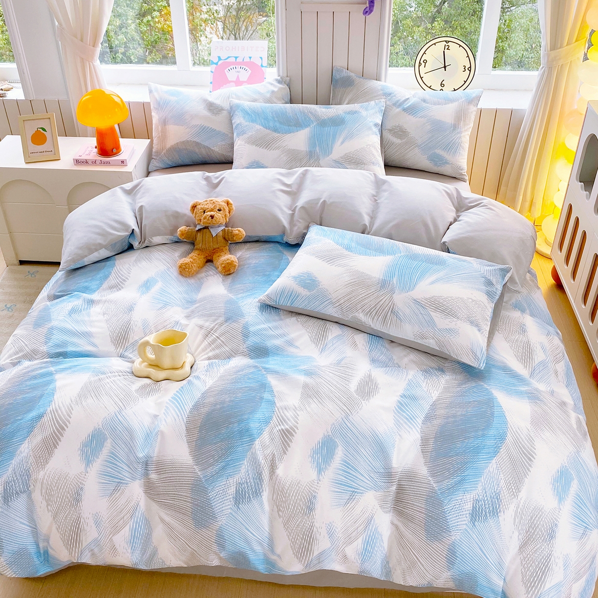 91家纺网 家纺一手货源 找家纺 小懒猪 2026新款全棉印花北欧风系列四件套 蓝絮银织