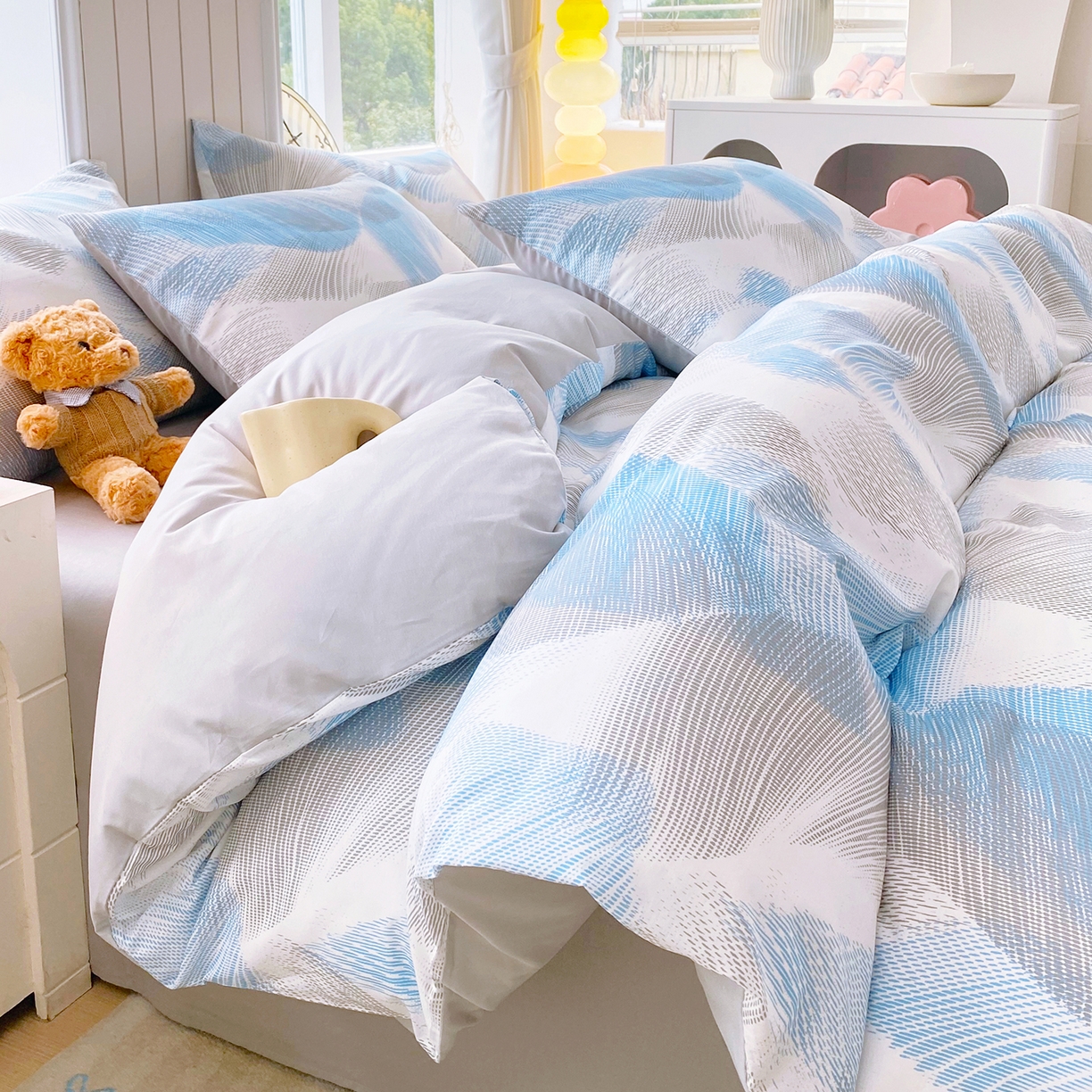 91家纺网 家纺一手货源 找家纺 小懒猪 2026新款全棉印花北欧风系列四件套 蓝絮银织