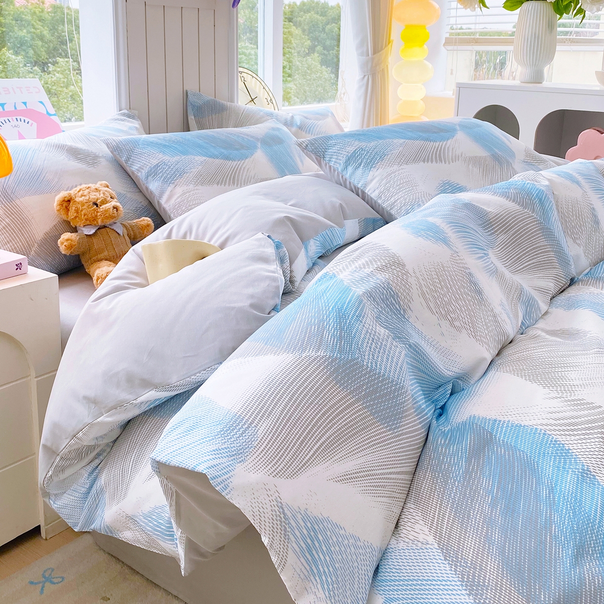 91家纺网 家纺一手货源 找家纺 小懒猪 2026新款全棉印花北欧风系列四件套 蓝絮银织