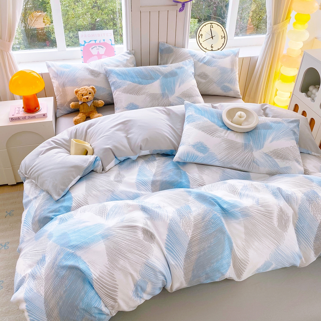 91家纺网 家纺一手货源 找家纺 小懒猪 2026新款全棉印花北欧风系列四件套 蓝絮银织