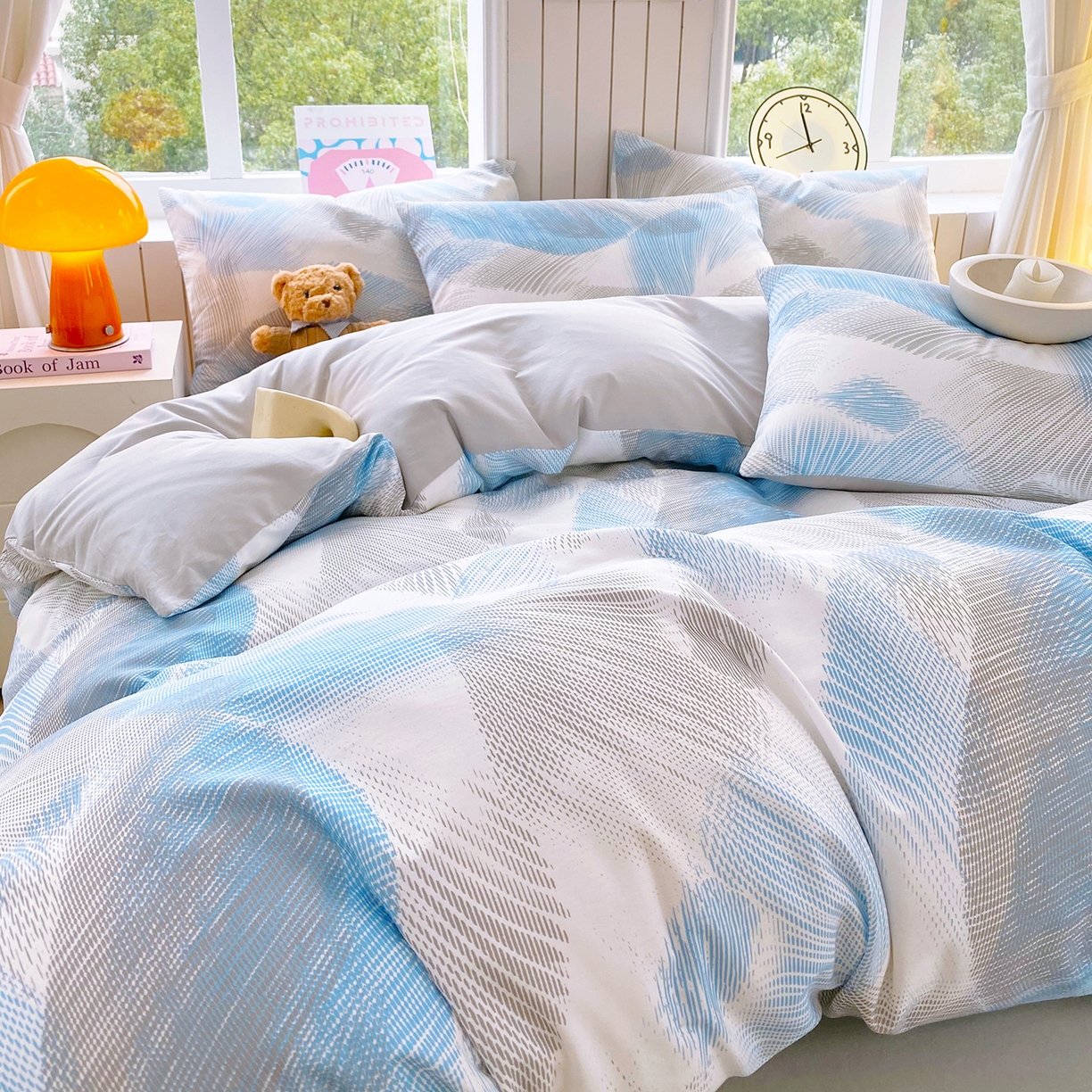 91家纺网 家纺一手货源 找家纺 小懒猪 2026新款全棉印花北欧风系列四件套 蓝絮银织