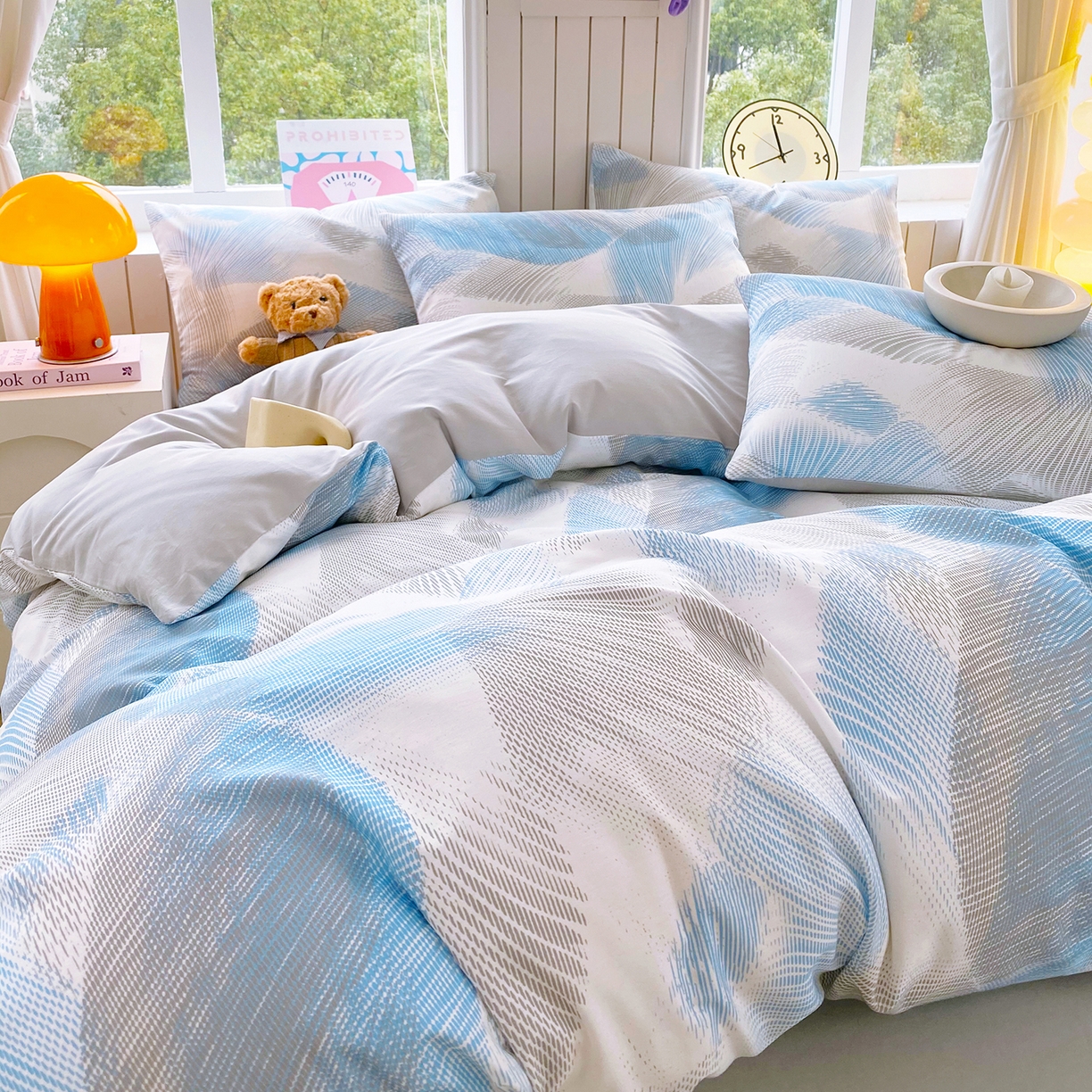 91家纺网 家纺一手货源 找家纺 小懒猪 2026新款全棉印花北欧风系列四件套 蓝絮银织