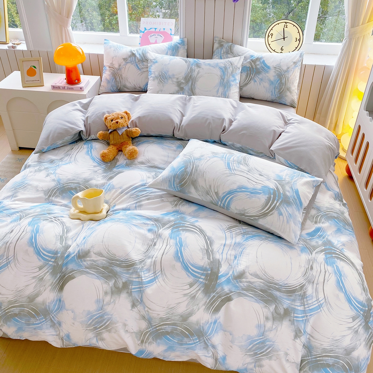 91家纺网 家纺一手货源 找家纺 小懒猪 2026新款全棉印花北欧风系列四件套 墨旋