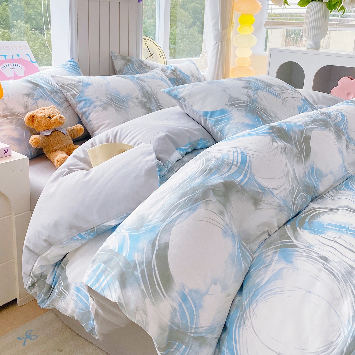 91家纺网 家纺一手货源 找家纺 小懒猪 2026新款全棉印花北欧风系列四件套 墨旋