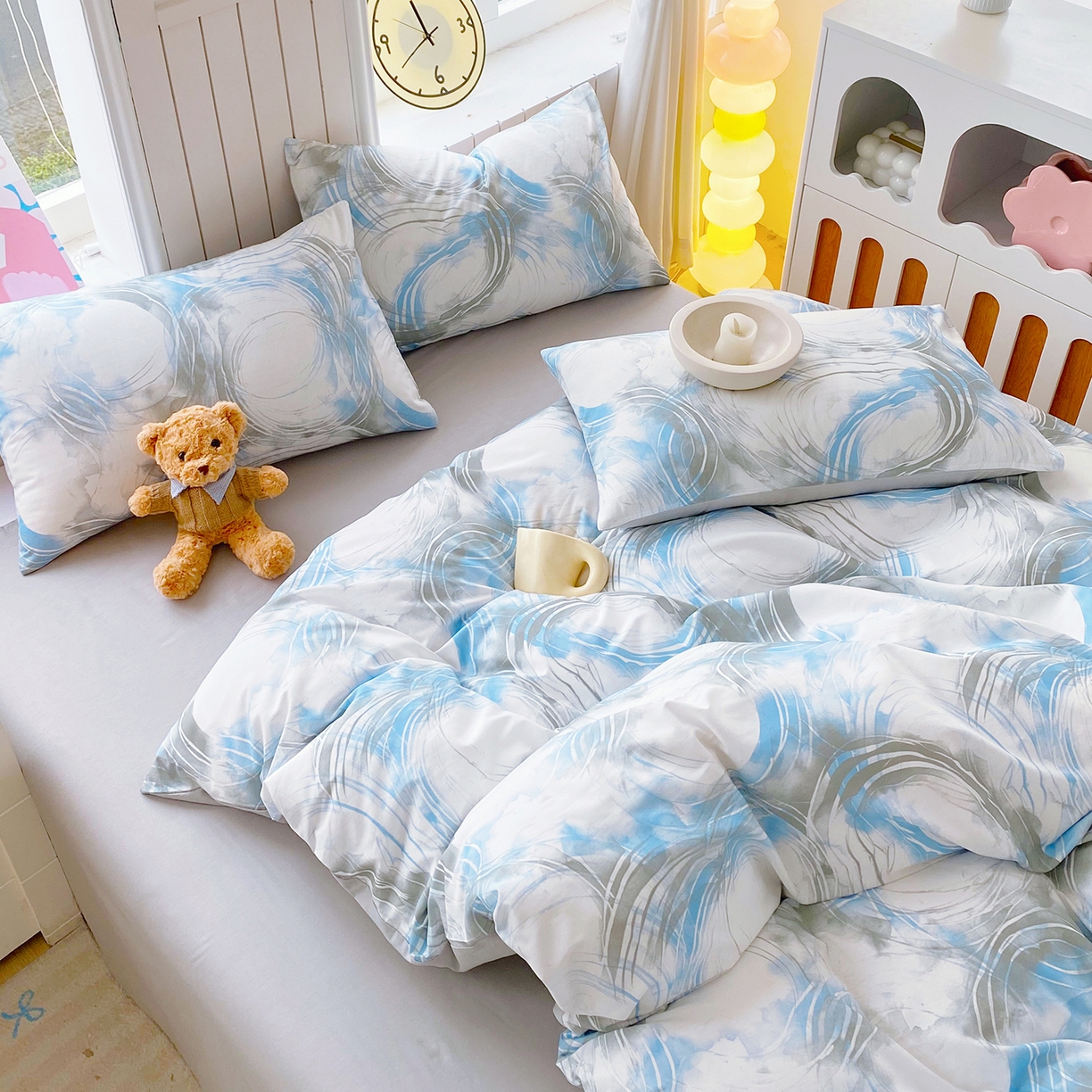 91家纺网 家纺一手货源 找家纺 小懒猪 2026新款全棉印花北欧风系列四件套 墨旋