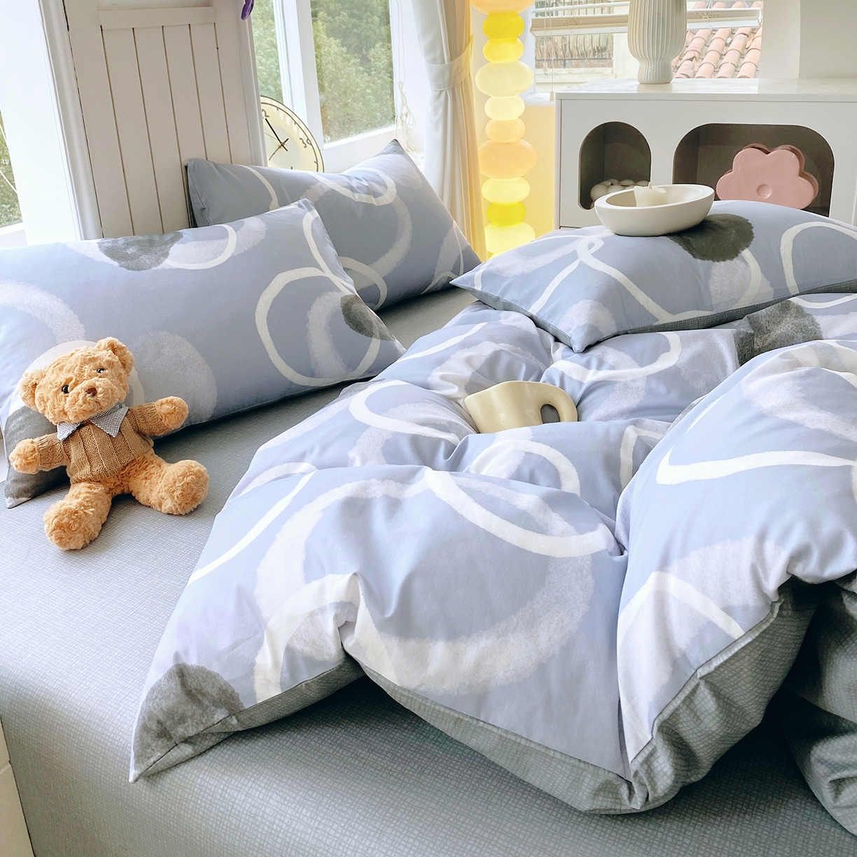 91家纺网 家纺一手货源 找家纺 小懒猪 2026新款全棉印花北欧风系列四件套 素环影