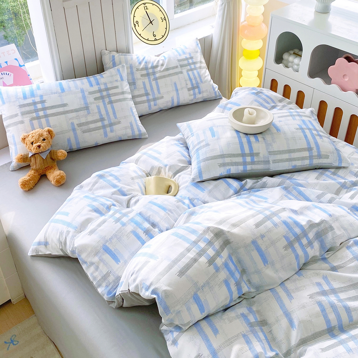 91家纺网 家纺一手货源 找家纺 小懒猪 2026新款全棉印花北欧风系列四件套 线影轻痕