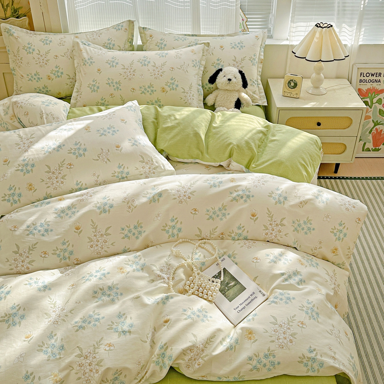 91家纺网 家纺一手货源 找家纺 春雨家居 2026新款全棉印花ins减龄可爱小清新单被套 春漫庭