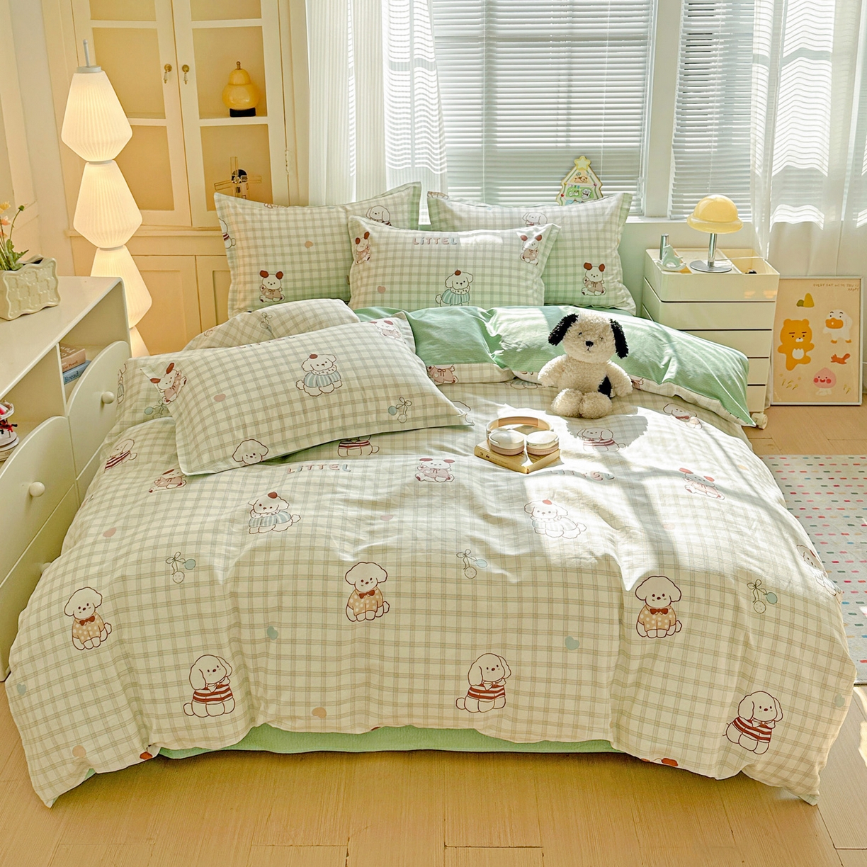 91家纺网 家纺一手货源 找家纺 春雨家居 2026新款全棉印花ins减龄可爱小清新单被套 格子布丁狗