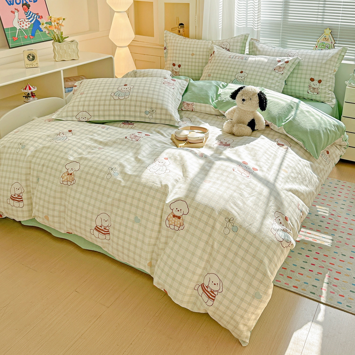 91家纺网 家纺一手货源 找家纺 春雨家居 2026新款全棉印花ins减龄可爱小清新单被套 格子布丁狗