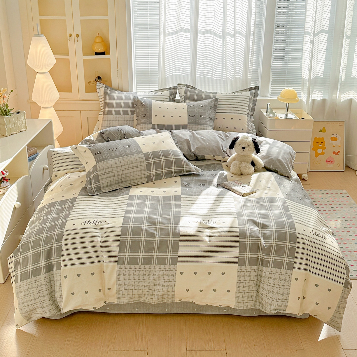 91家纺网 家纺一手货源 找家纺 春雨家居 2026新款全棉印花ins减龄可爱小清新单被套 韩系拼图