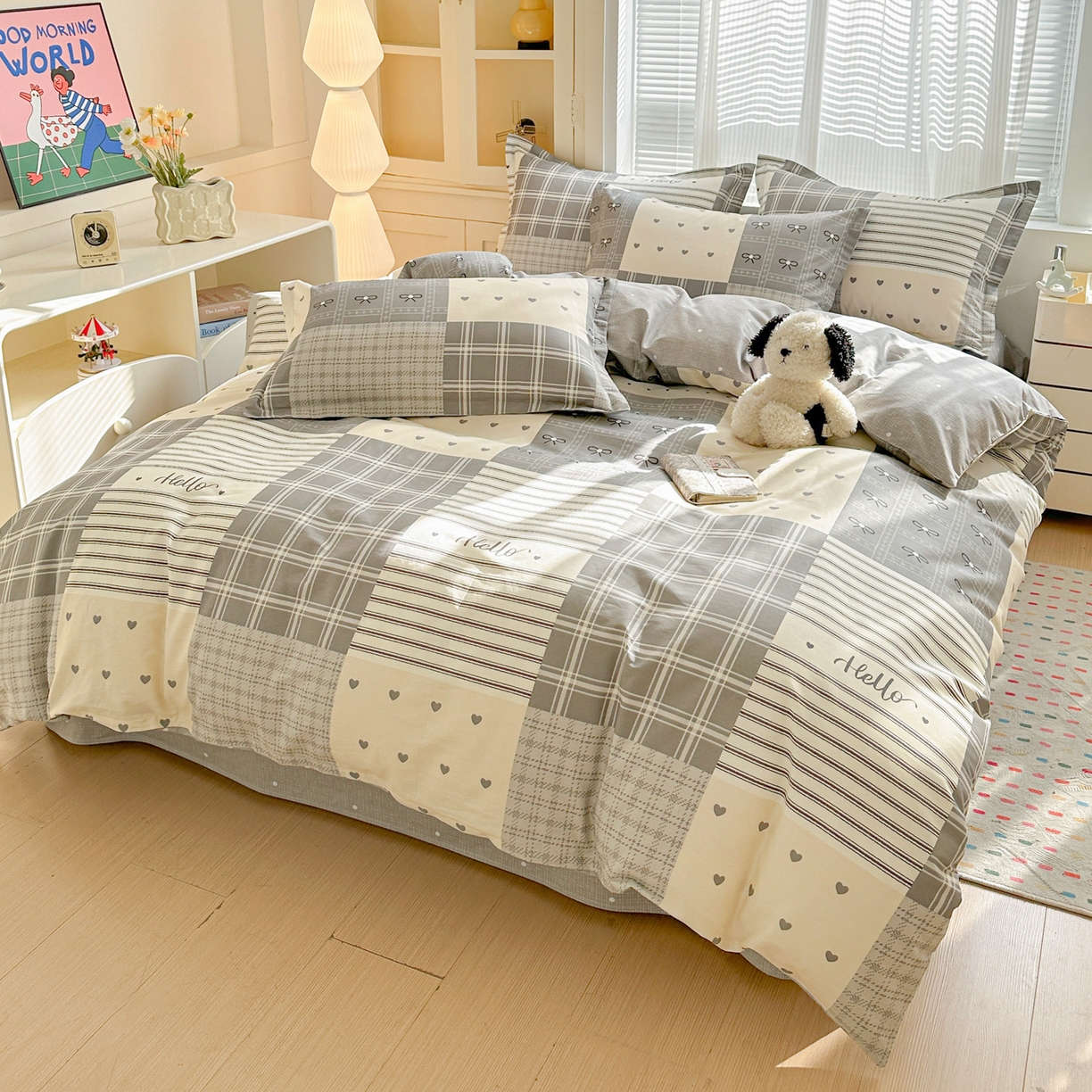 91家纺网 家纺一手货源 找家纺 春雨家居 2026新款全棉印花ins减龄可爱小清新单被套 韩系拼图