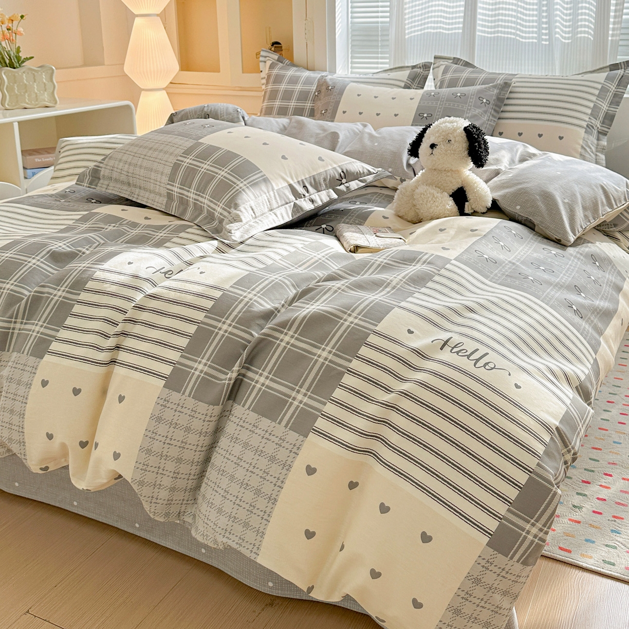 91家纺网 家纺一手货源 找家纺 春雨家居 2026新款全棉印花ins减龄可爱小清新单被套 韩系拼图