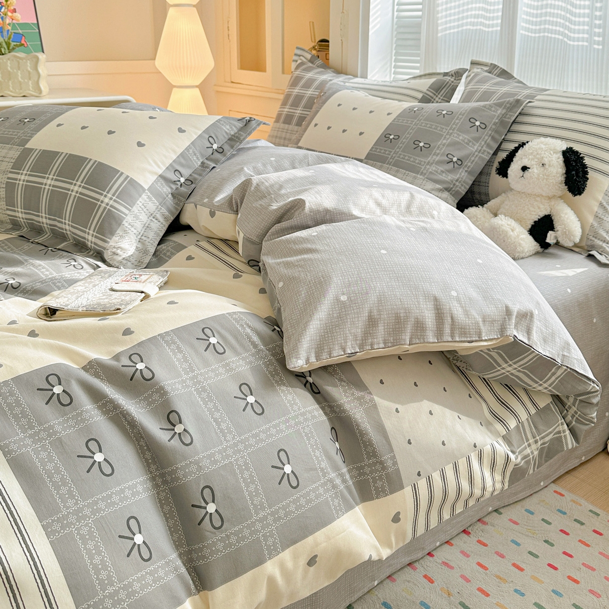 91家纺网 家纺一手货源 找家纺 春雨家居 2026新款全棉印花ins减龄可爱小清新单被套 韩系拼图