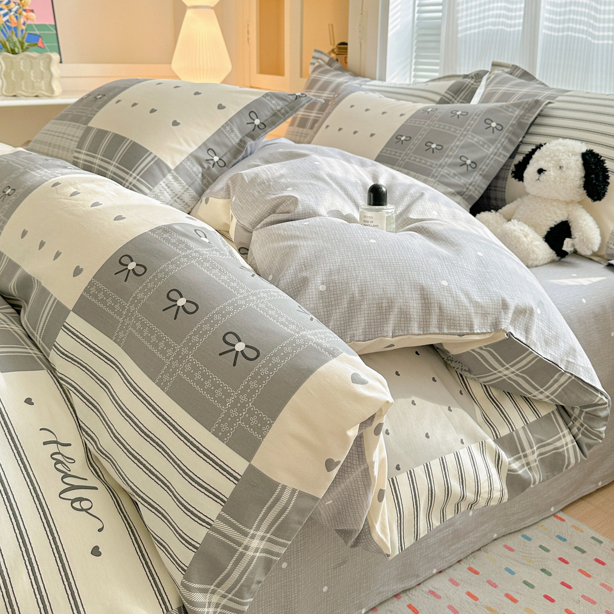 91家纺网 家纺一手货源 找家纺 春雨家居 2026新款全棉印花ins减龄可爱小清新单被套 韩系拼图