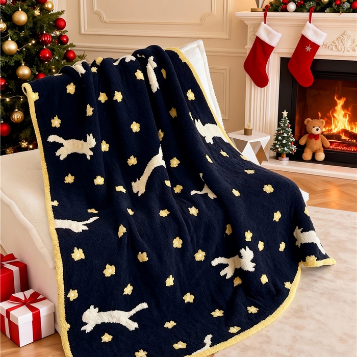 91家纺网 家纺一手货源 找家纺 琪格格纺织 2026新款原创加厚半边绒毛毯系列 金蕊 白猫