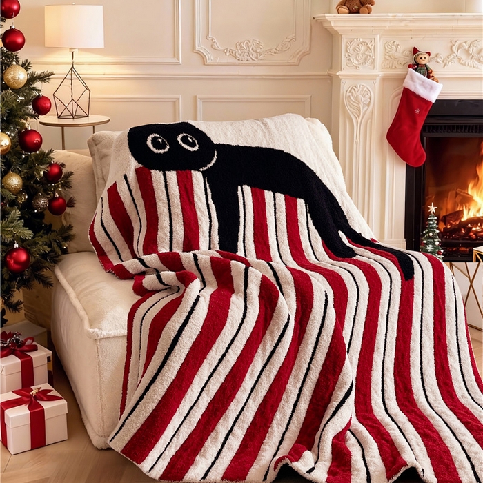 91家纺网 家纺一手货源 找家纺 琪格格纺织 2026新款原创加厚半边绒毛毯系列 条纹猫探