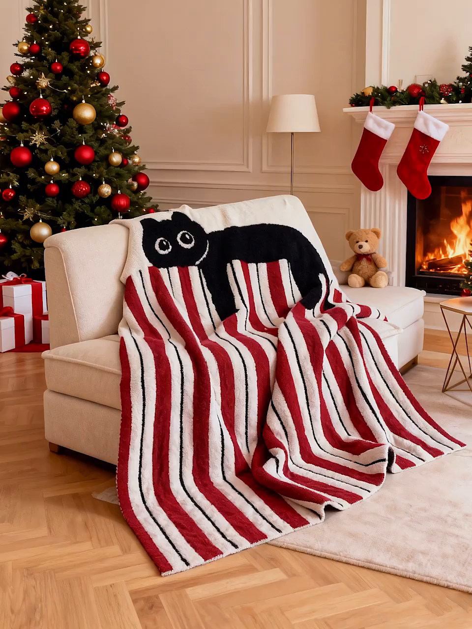 91家纺网 家纺一手货源 找家纺 琪格格纺织 2026新款原创加厚半边绒毛毯系列 条纹猫探