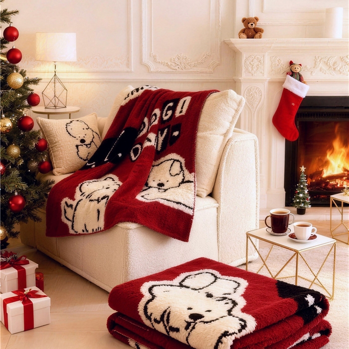 91家纺网 家纺一手货源 找家纺 琪格格纺织 2026新款原创加厚半边绒毛毯系列 小狗日记-红