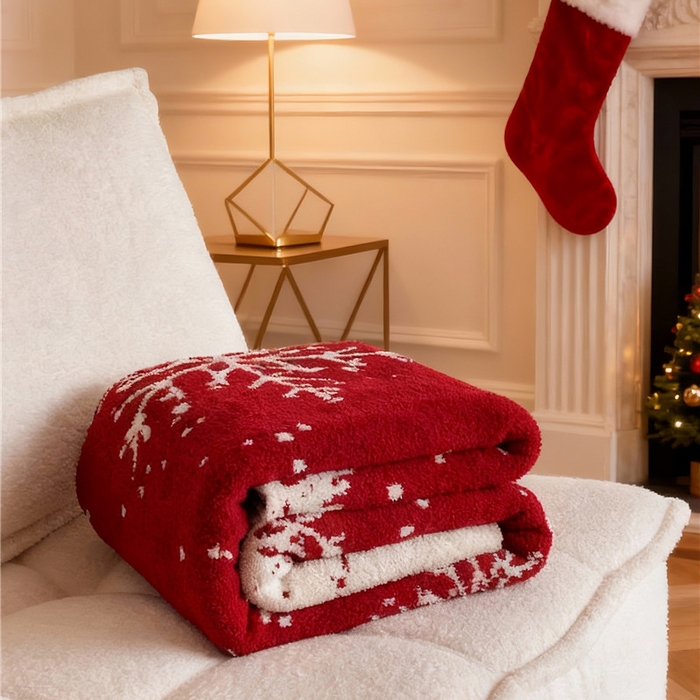 91家纺网 家纺一手货源 找家纺 琪格格纺织 2026新款原创加厚半边绒毛毯系列 雪花-红