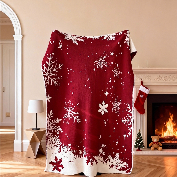 91家纺网 家纺一手货源 找家纺 琪格格纺织 2026新款原创加厚半边绒毛毯系列 雪花-红