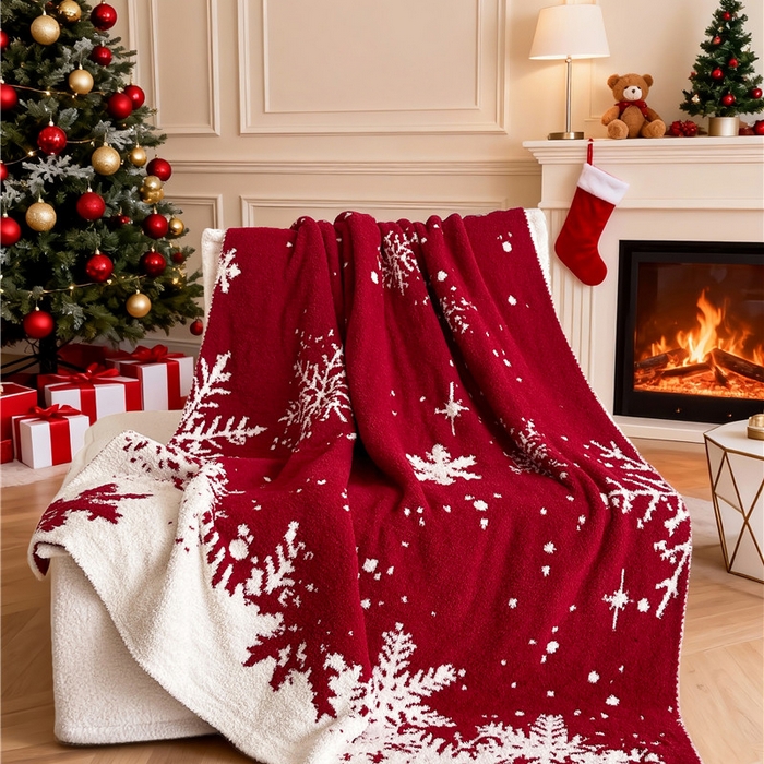 91家纺网 家纺一手货源 找家纺 琪格格纺织 2026新款原创加厚半边绒毛毯系列 雪花-红