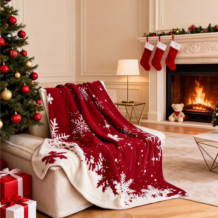 91家纺网 家纺一手货源 找家纺 琪格格纺织 2026新款原创加厚半边绒毛毯系列 雪花-红