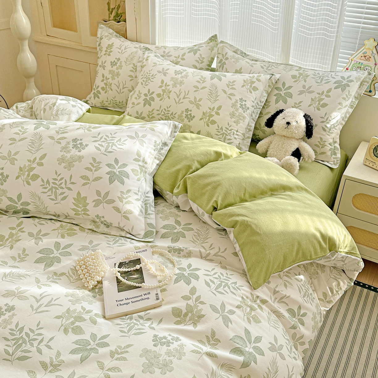 91家纺网 家纺一手货源 找家纺 春雨家居 2026新款全棉印花ins减龄可爱小清新单被套 洛克庄园-绿