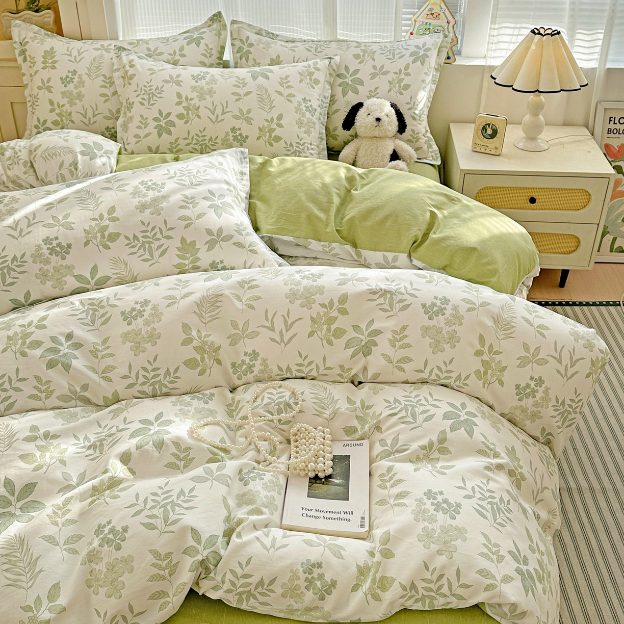 91家纺网 家纺一手货源 找家纺 春雨家居 2026新款全棉印花ins减龄可爱小清新单被套 洛克庄园-绿