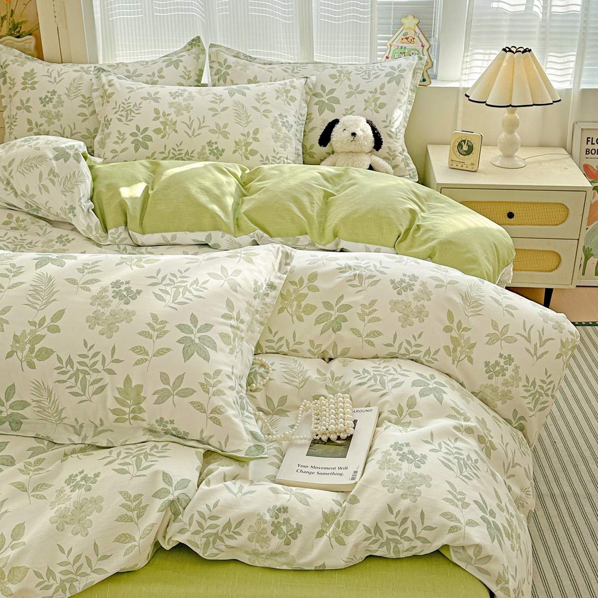 91家纺网 家纺一手货源 找家纺 春雨家居 2026新款全棉印花ins减龄可爱小清新单被套 洛克庄园-绿