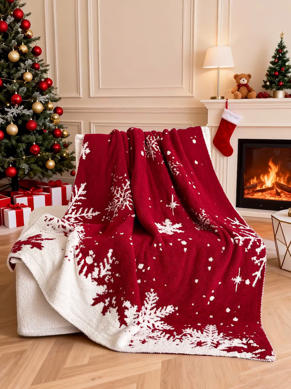 91家纺网 家纺一手货源 找家纺 琪格格纺织 2026新款原创加厚半边绒毛毯系列 雪花-红