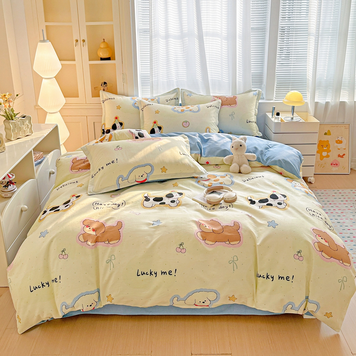 91家纺网 家纺一手货源 找家纺 春雨家居 2026新款全棉印花ins减龄可爱小清新单被套 奶油羞羞狗