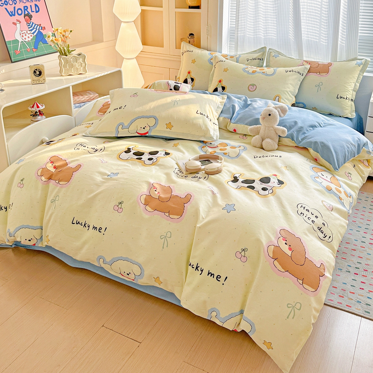 91家纺网 家纺一手货源 找家纺 春雨家居 2026新款全棉印花ins减龄可爱小清新单被套 奶油羞羞狗