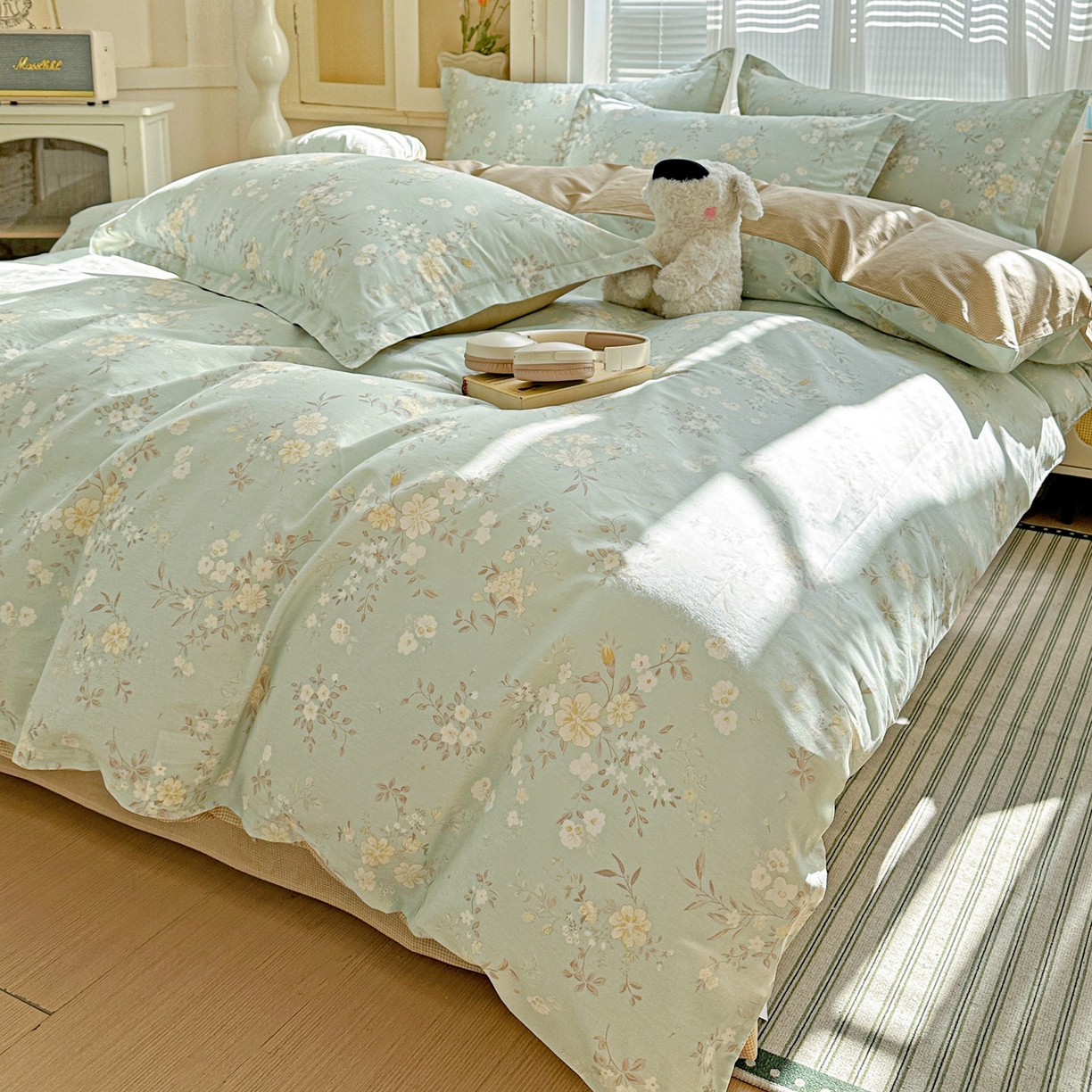 91家纺网 家纺一手货源 找家纺 春雨家居 2026新款全棉印花ins减龄可爱小清新单被套 苏林-绿