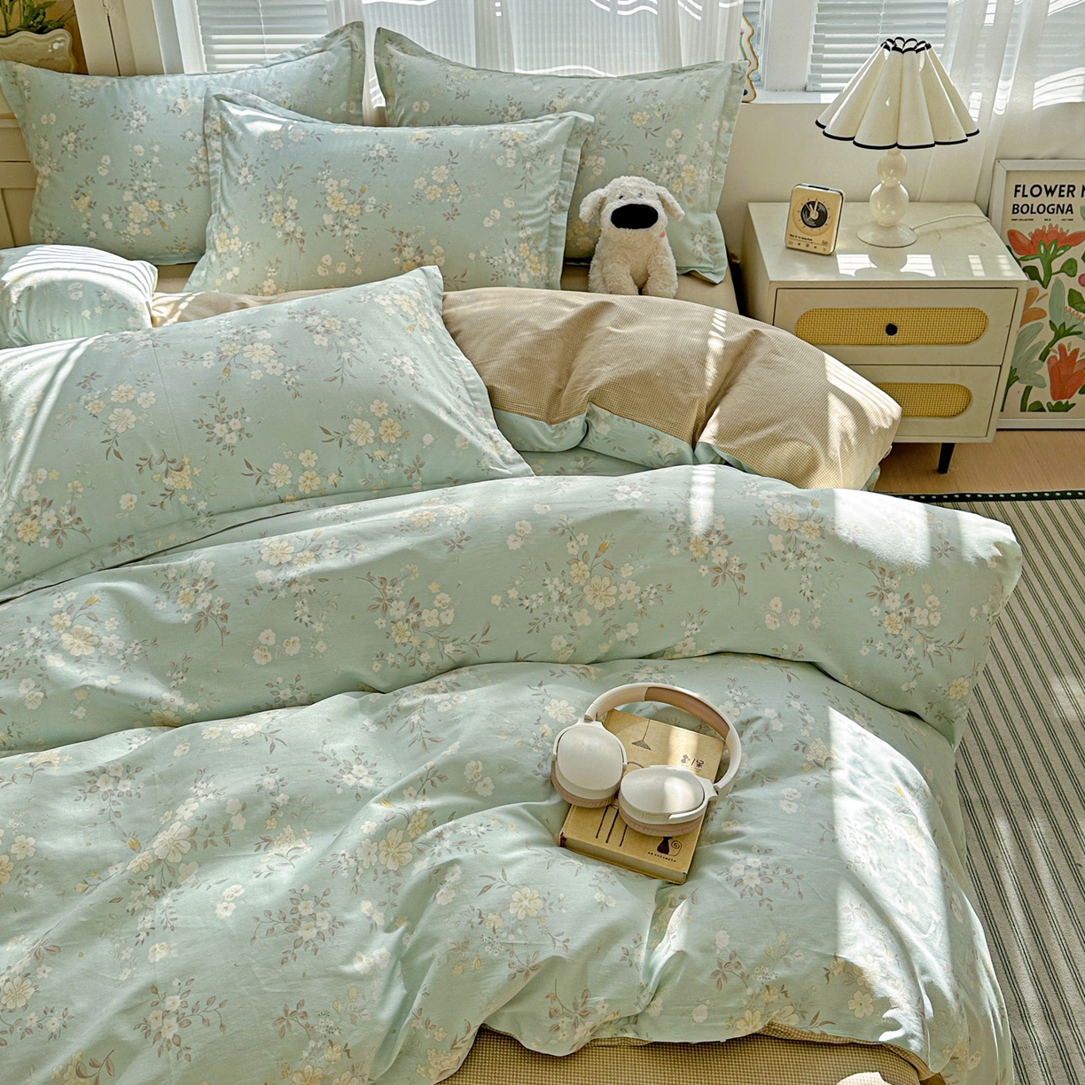 91家纺网 家纺一手货源 找家纺 春雨家居 2026新款全棉印花ins减龄可爱小清新单被套 苏林-绿