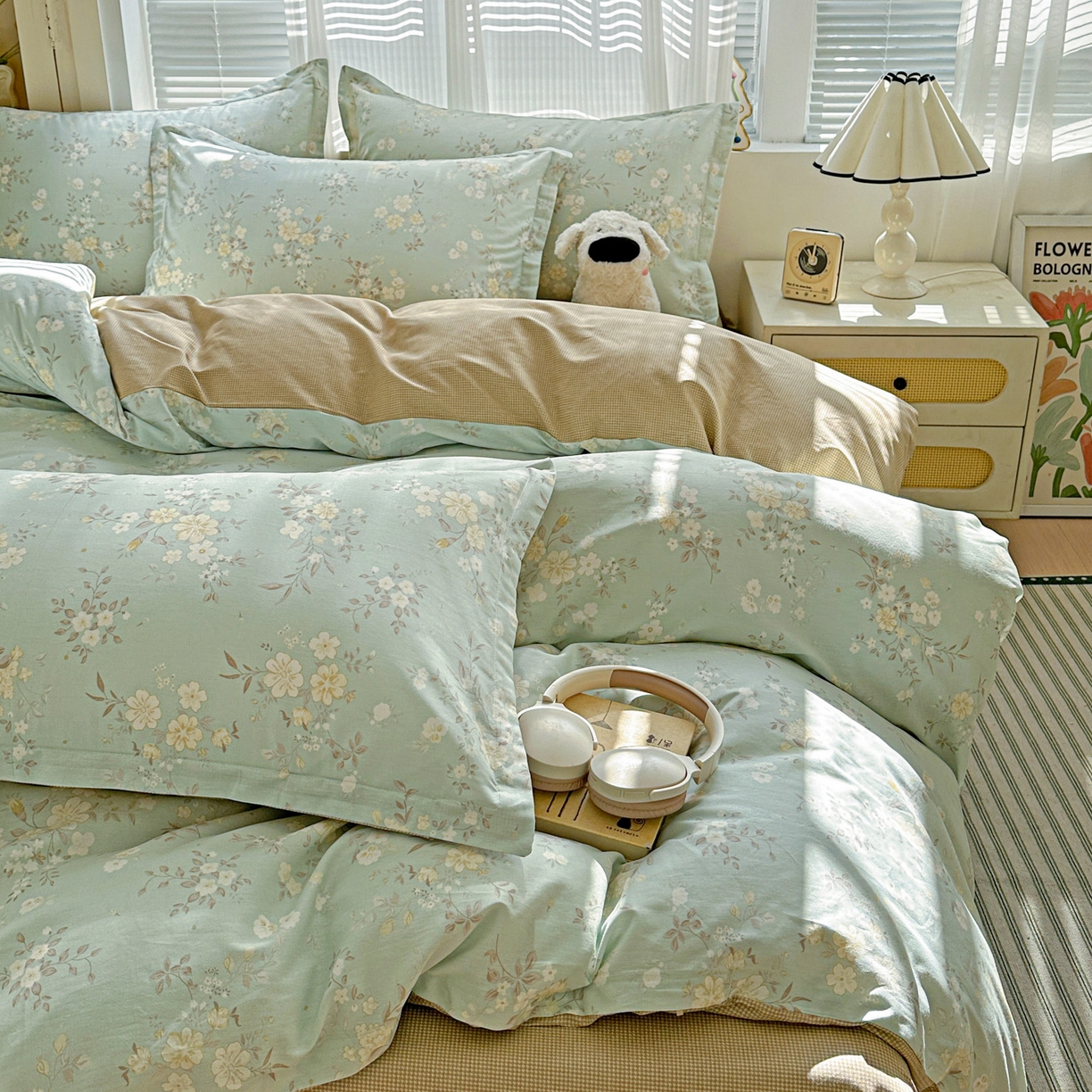 91家纺网 家纺一手货源 找家纺 春雨家居 2026新款全棉印花ins减龄可爱小清新单被套 苏林-绿