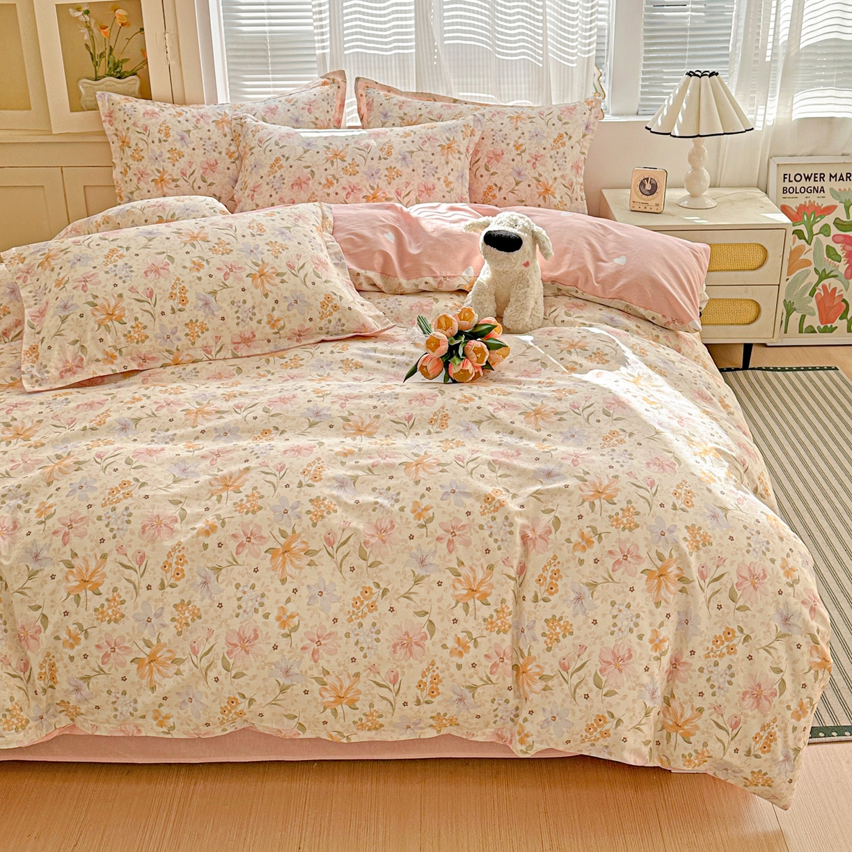 91家纺网 家纺一手货源 找家纺 春雨家居 2026新款全棉印花ins减龄可爱小清新单被套 苏糖-粉