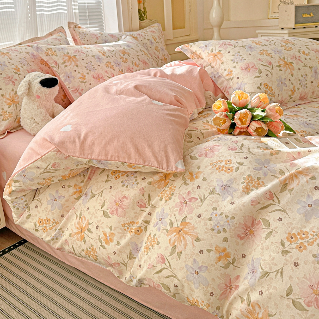 91家纺网 家纺一手货源 找家纺 春雨家居 2026新款全棉印花ins减龄可爱小清新单被套 苏糖-粉