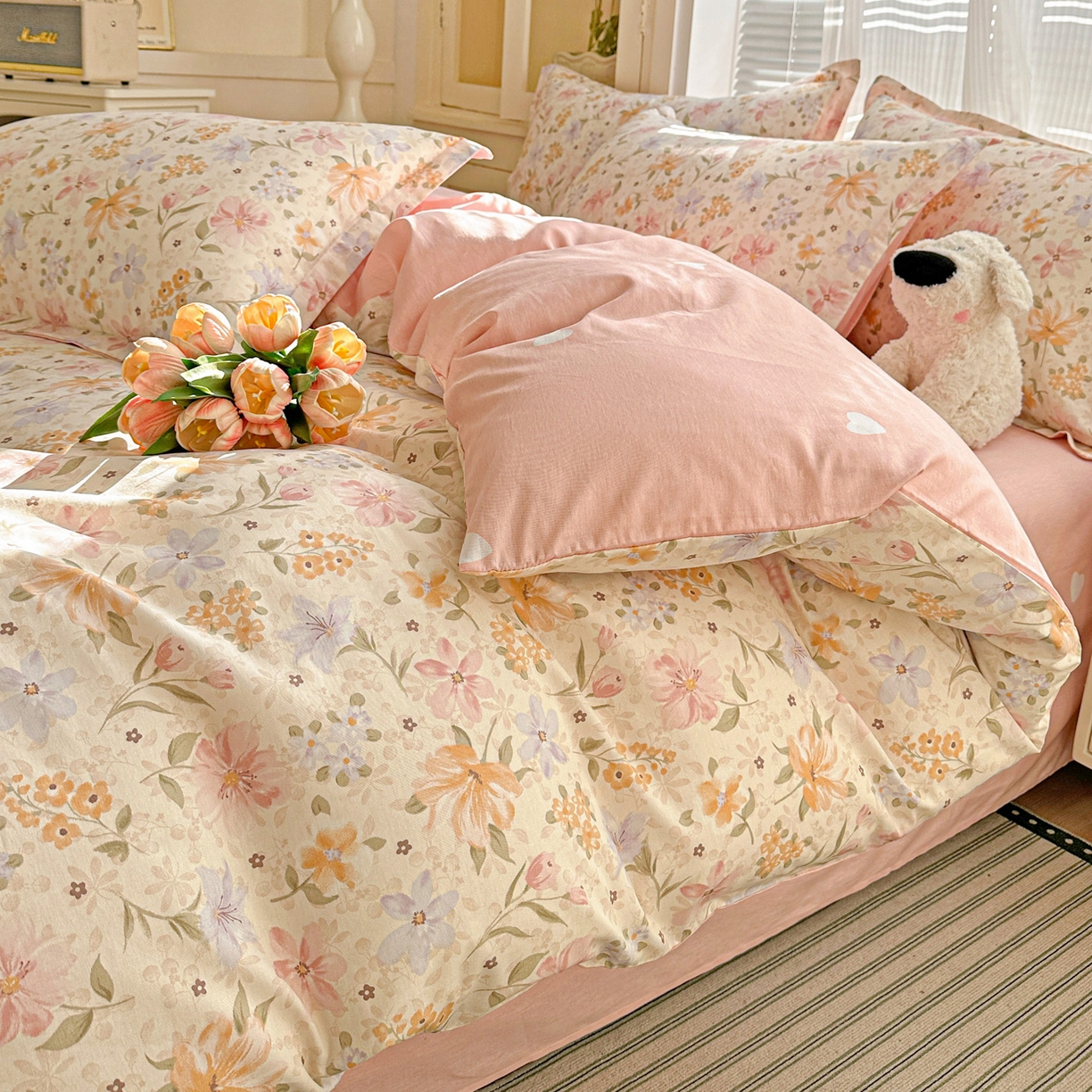 91家纺网 家纺一手货源 找家纺 春雨家居 2026新款全棉印花ins减龄可爱小清新单被套 苏糖-粉