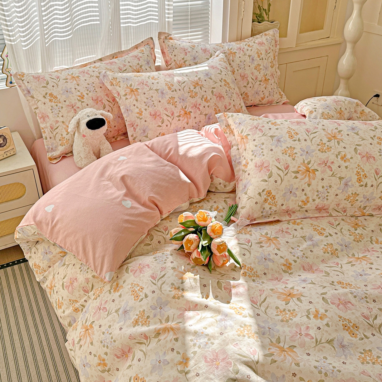 91家纺网 家纺一手货源 找家纺 春雨家居 2026新款全棉印花ins减龄可爱小清新单被套 苏糖-粉